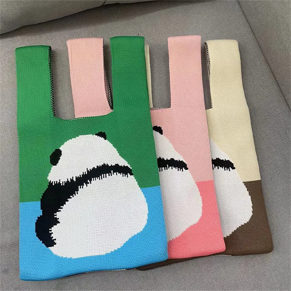 

Cute Cartoon Panda Pattern Handbag Women'S Small Tote Bag Design Woven Knitted Wrist Bag Portable Casual Reusable Shopping Bag