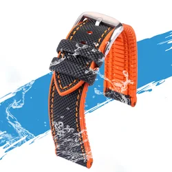 Enhanced Hybrid Fluoro Rubber Canvas Nylon Watch Strap for 24mm (Orange Line sk)