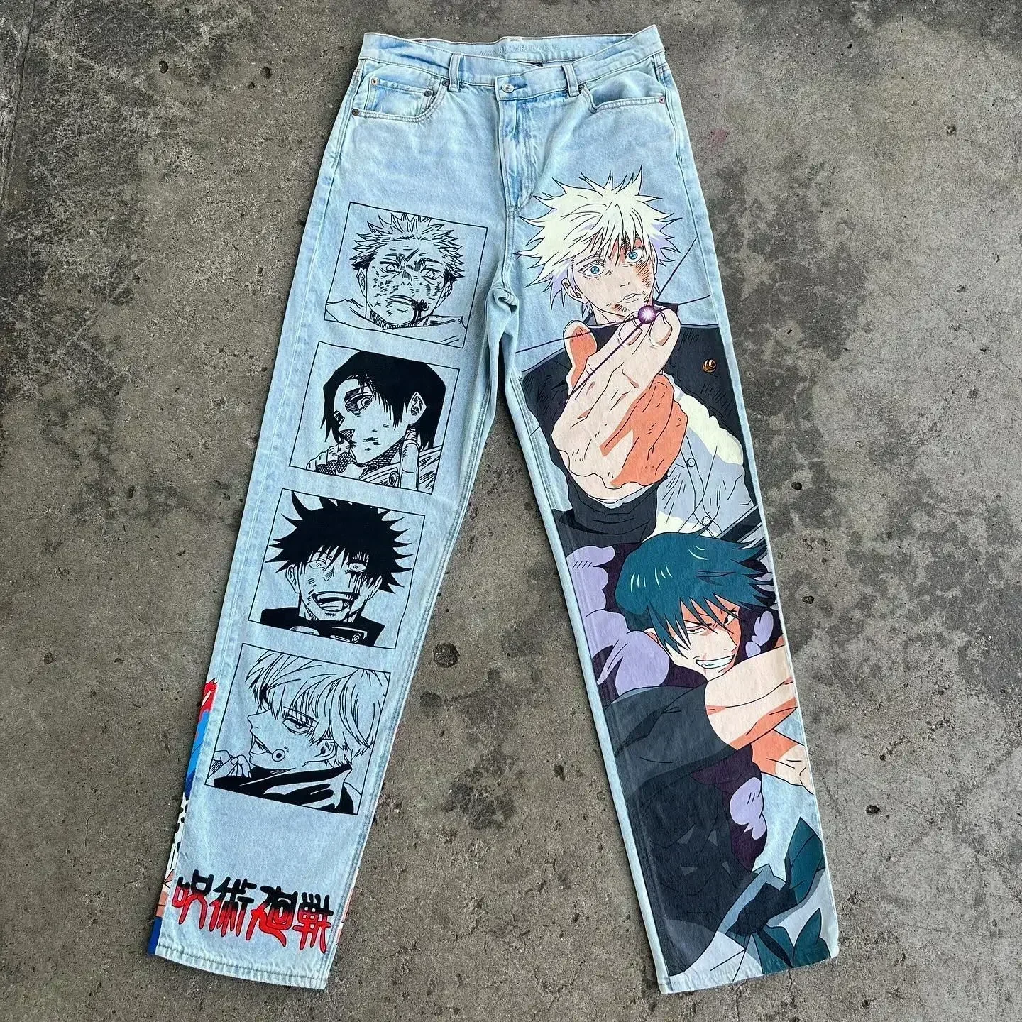 Anime Sexy Girl Print Blue Baggy Jeans New Style Wide Leg Trouser