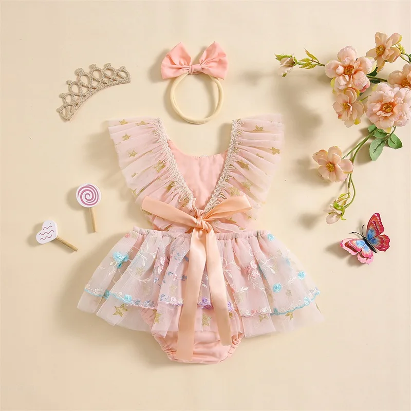 

Newborn Baby Girl Lace Romper Floral Embroidered Dress Tutu Skirt Bodysuit Suspender Overalls Tulle Ruffle Hem Dress