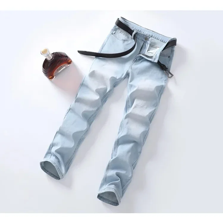 2024 Spring and Autumn New Classic Youthful Vitality Men's Fit Straight Thin Denim Jeans Lightweight Cotton Stretch Trousers