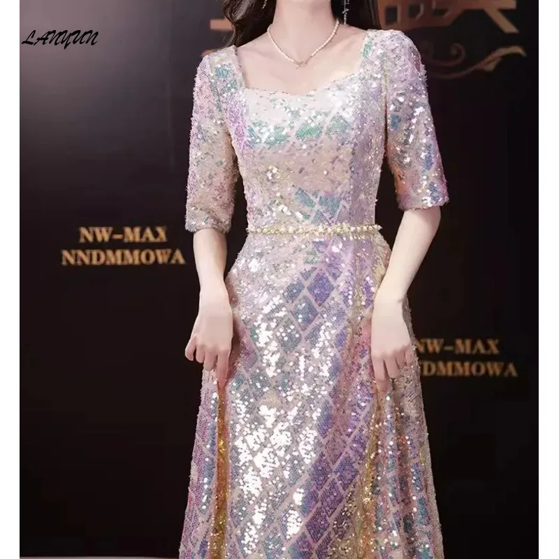Sequined Square Collar Evening dresses Women Wedding Party Fit Temperament Half Sleeve Prom Vestidos Slim cocktail Banquet