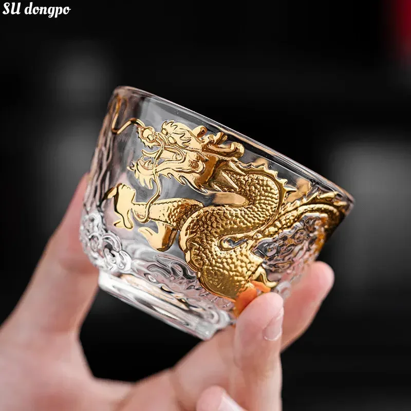 

Chinese Golden Dragon Auspicious Cloud Teacup Gold Painted Master Cup Crystal Transparent Glass Zen Kung Fu Tea Bowl