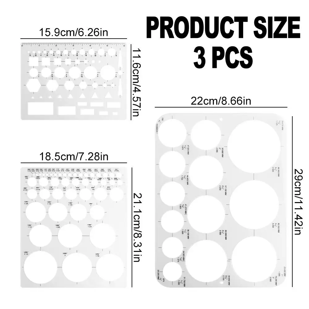 3Pcs 3 크기 라운드 템플릿 투명 DIY 다기능 기하학적 눈금자 그리기용 다용도 창의력 원형 스텐실