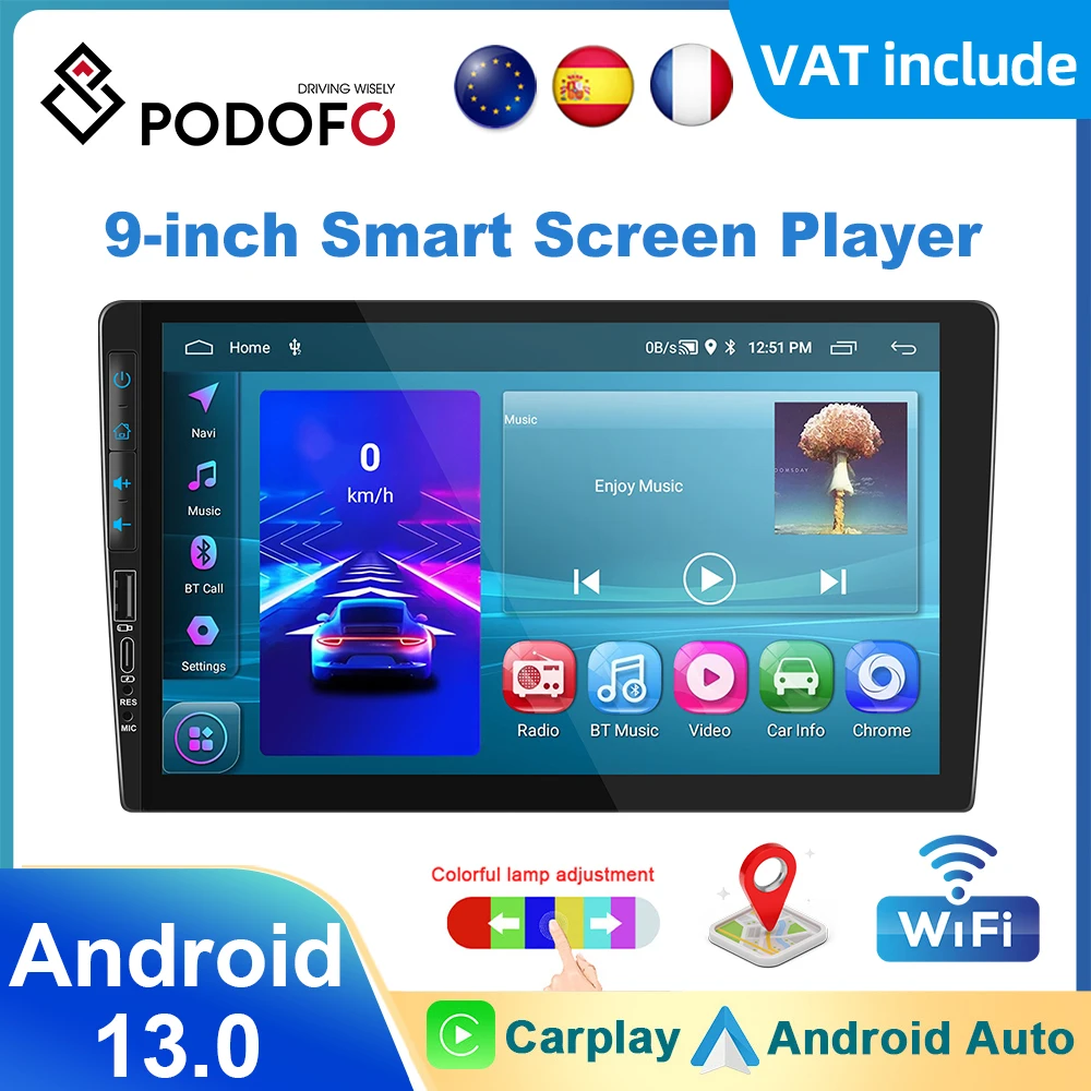 Podofo 1Din Android 2 + 64G Gps Autoradio 9 ''Carplay Android Auto Radio Player Bluetooth Wifi Gps Ricevitore Radio Fm