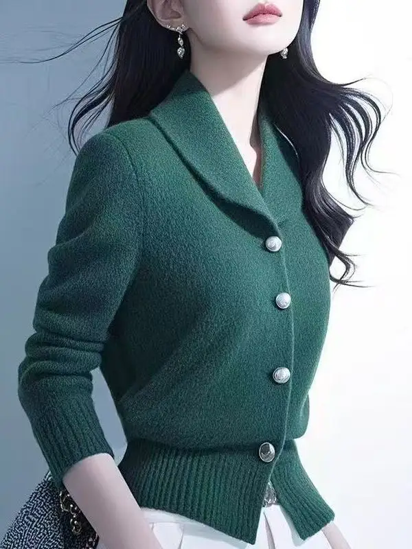 Faionable Korean Sle Blue Knitted Sweater Turn-down Collar Thiened Autumn Winter Women's Clothing Commute Sle Slim Fit