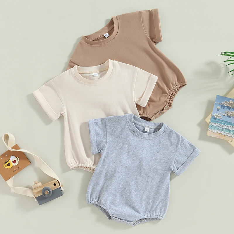 2023-03-23 Lioraitiin 0-24M Baby Boys Girls Summer Casual Rompers Clothes Solid Short Sleeve O-neck Loose Jumpsuits Playsuits 2