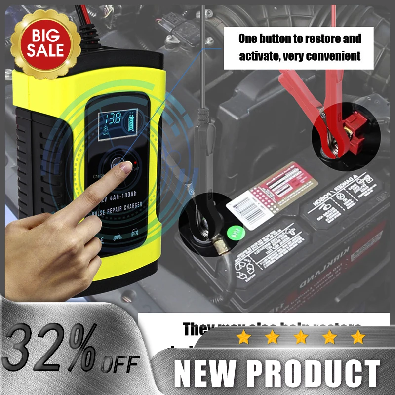 Car Motorcycle Battery Charger 12V 6A Full Automatic 3 Stages Lead Acid AGM GEL Intelligent LCD Display Battery Charger