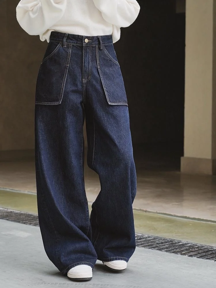 [LANMREM] Solid Streetwear High Waist Jeans Women Loose Wide Legs Straight Female Pants Denim Trousers 2024 Spring New 26D118