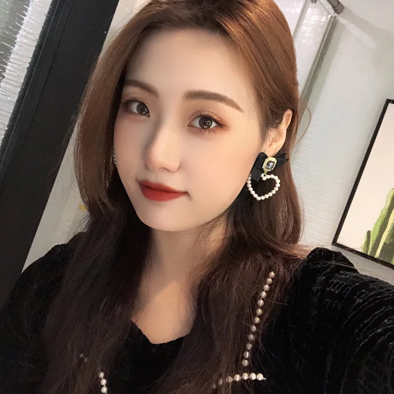 Bow Clip Earrings For Women Retro Rhinestone Black BowKnot Heart Shaped Party Jewelry