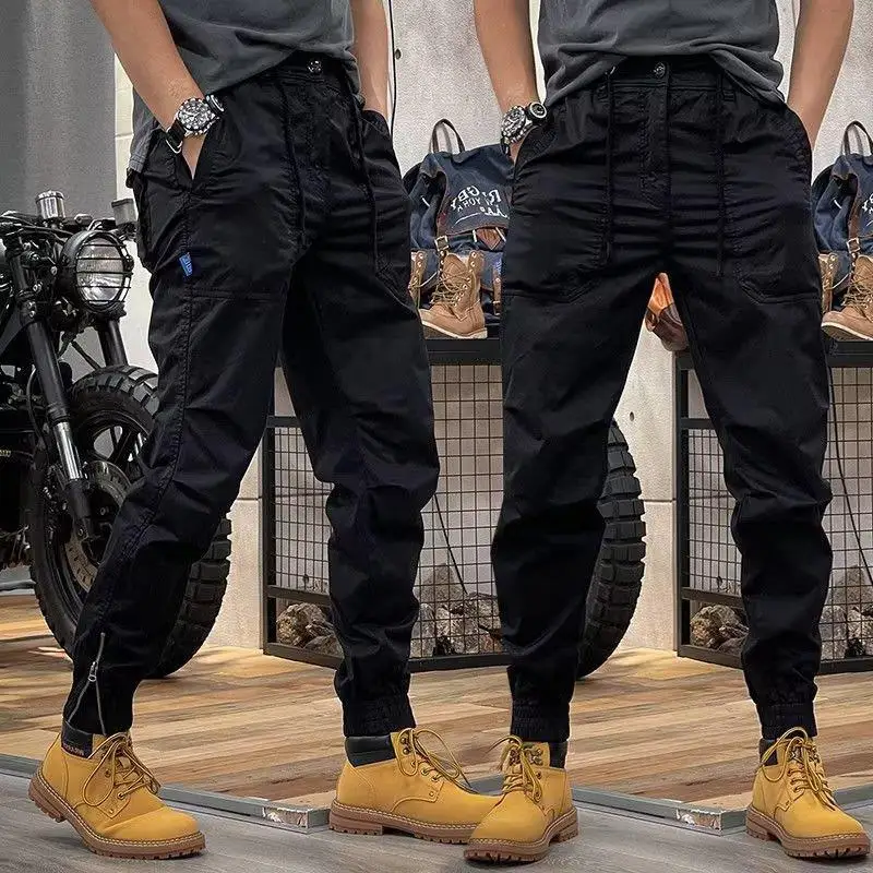 New American Retro Outdoor Hip Hop Workwear Pants for Men s Trendy Elastic Waist Zipper Simple