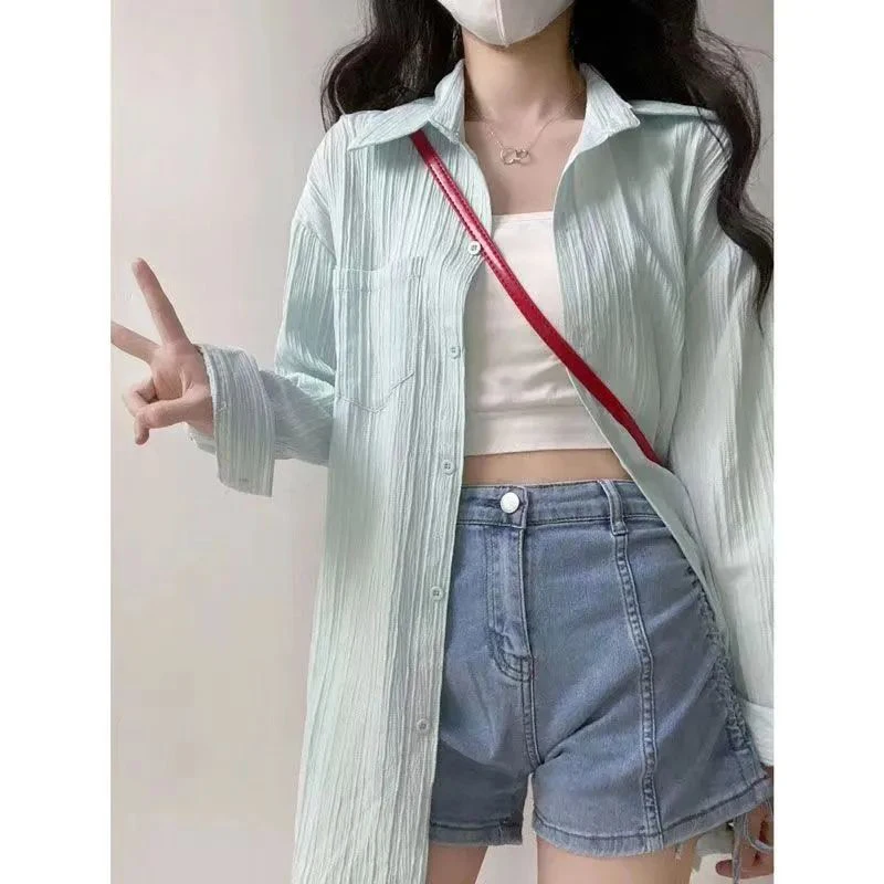 Summer Fashion Solid Color Sunscreen Long Sleeve Shirt Ladies Simple All-match Loose Casual Buttons Top Women Cardigans Blouse