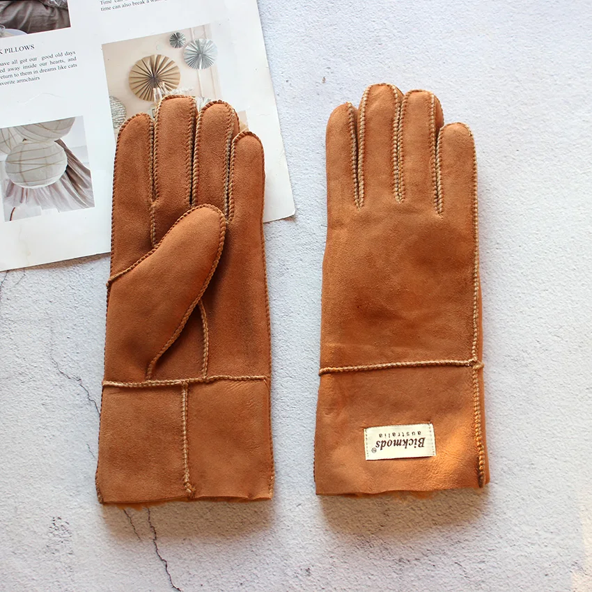Women's Thickened Winter Sheepskin Fur Gloves Windproof Warm Outdoor Motorcycle Riding Color Leather Finger Gloves