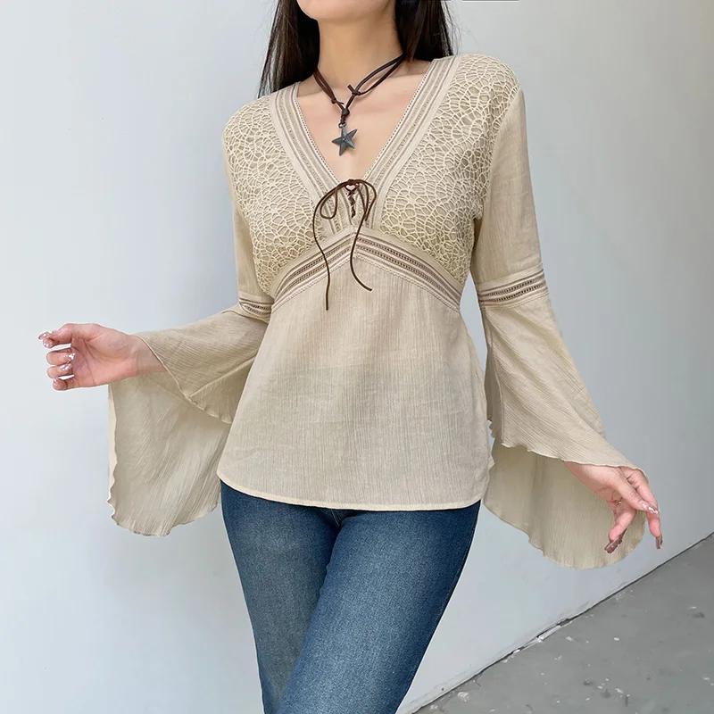 Elegant Beige Women Top Cotton V Neck Flare Sleeve Loose Fit Aesthetic Tee Shirt Vintage Chic Back Lace Up Pullovers