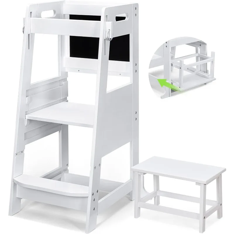 

Bamboo Toddler Step Stool White Kitchen Counter Learning Helper Standing Tower Ktchen Stool for Toddler 3 Height Adjustable