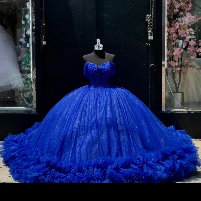 

Блестящее Королевское синее бальное платье Angelsbridep, платья для Quinceanera, роскошные платья с длинным шлейфом для вечеринки в честь Дня Рождения, платья 15 лет