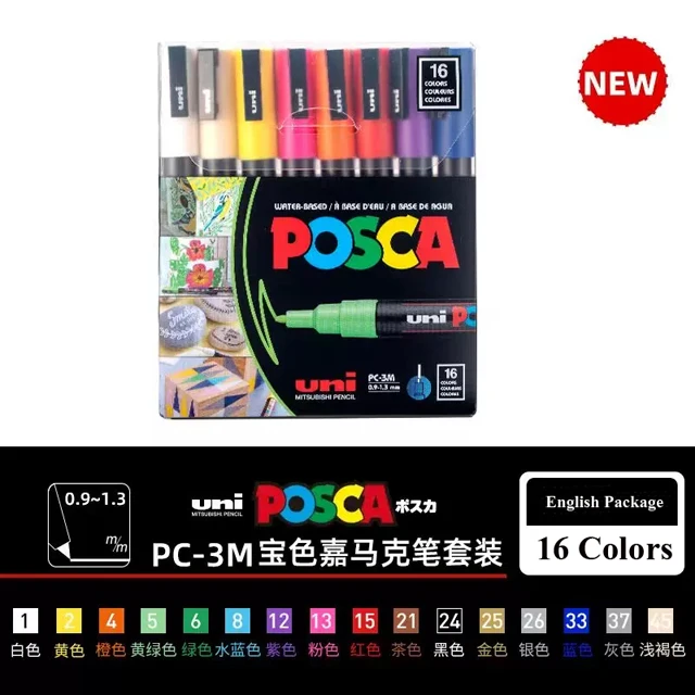 New Uni Posca PC-5M 1M 3M 16C Set Paint Marker,Graffiti Acrylic Painting  Drawing Pen Set Poster Art Pen Birthday Gift Children
