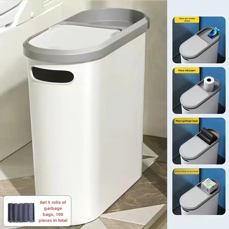 thumbnail image 1 of Nuevo 2024 Cubo de basura de baño de gran capacidad con tapa Cubo de basura doméstico para sala de estar Soporte de papel higiénico Plástico cuadrado, 1 of 5