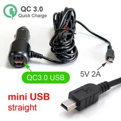 Compact Dual USB Car Charger with Extended 3.5m Cable - 5V 3.4A for Dash Cameras and GPS Devices, Input DC 8V - 36V (Mini USB QC3.0)