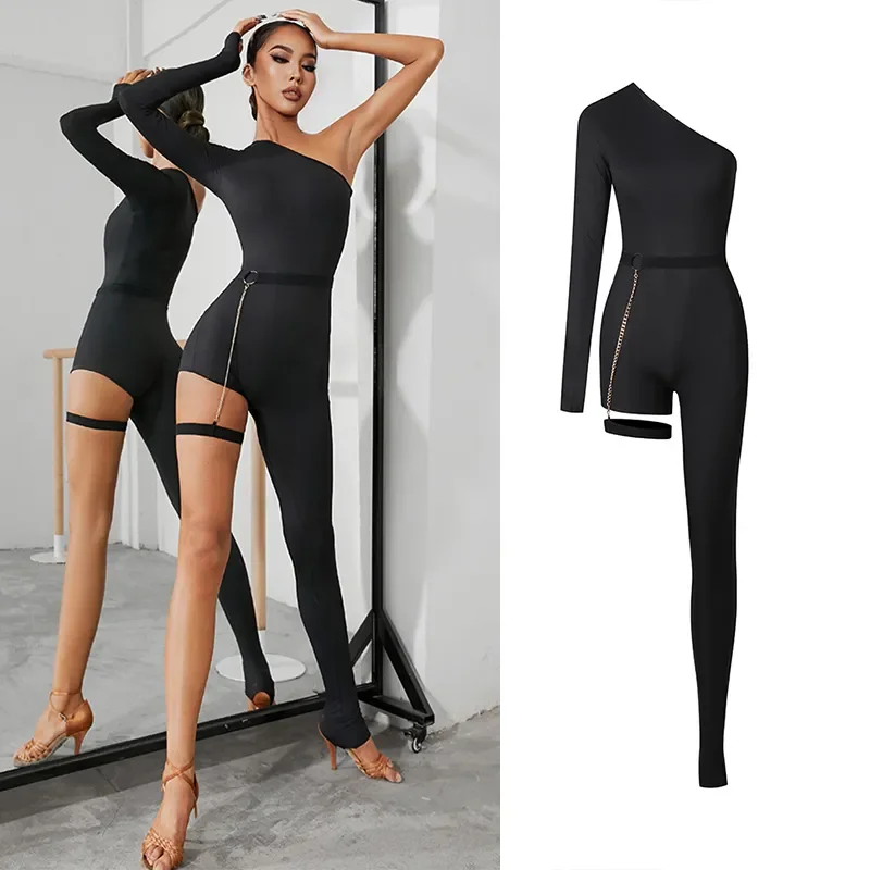Sexy Slant Shoulder One-Sleeve-Leg Design Latin Dance Jumpsuit Women Rumba Salsa Dance Clothes Black Latin Dance Pants DNV17152