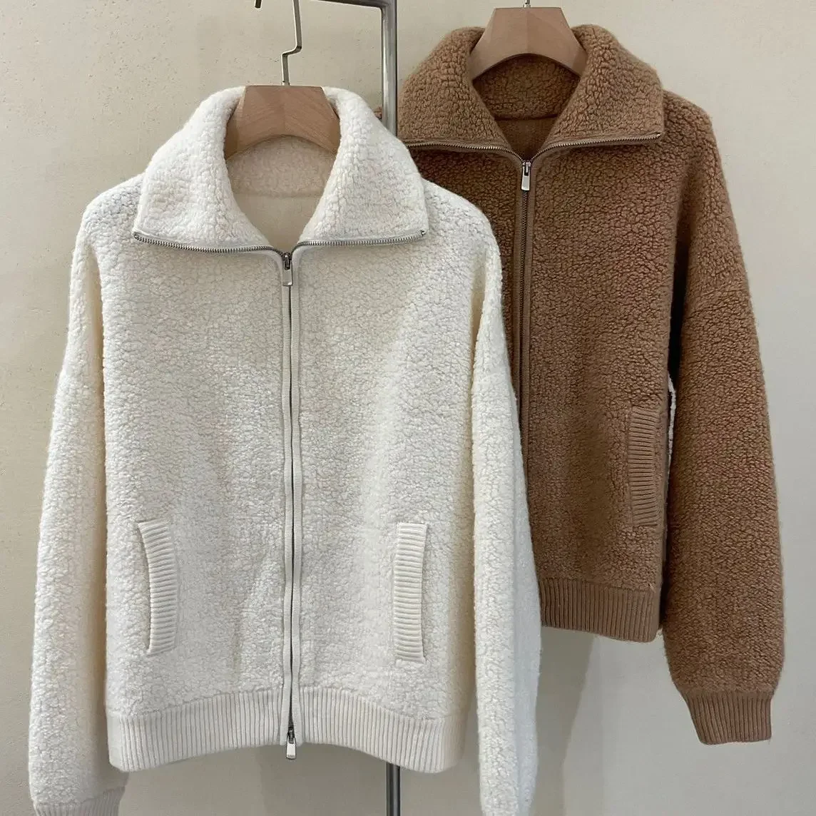 

2023 AW Women's 100% Cashmere Terry Stand Collar Zipper Knitted Cardigan Jacket Warm and Comfortable Short LP Thickened Jacket