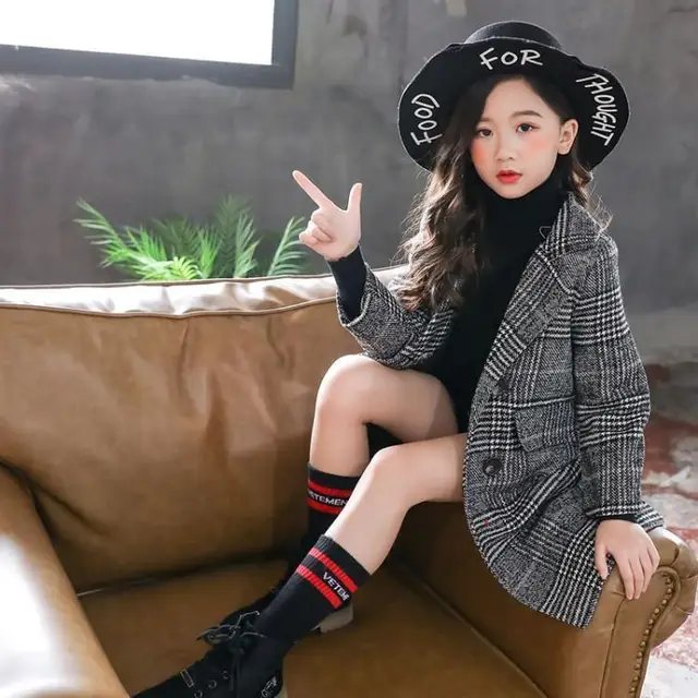 2023 Girls Coat Fashion Plaid Wool Coat Girls Double-breasted Kids  Outerwear Autumn Thick Winter Clothes Girls 6 8 10 12 14Yrs - AliExpress