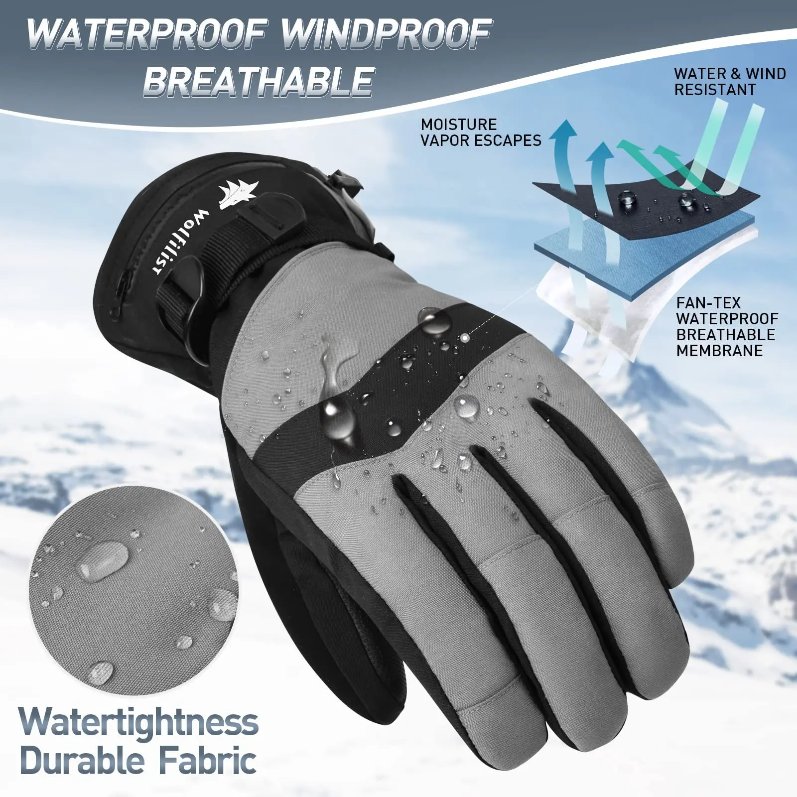 WOLFILIST Ski Gloves Waterproof Windproof - 3M Thinsulate Insulated Warm Snow Gloves with Zipper Pocket 3