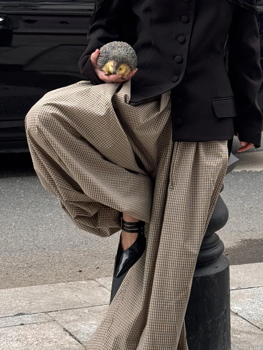 Bornladies Women's New Retro Brown Lantern Pants High Waist Trendy Loose Fit Plaid Spring Summer Fashion Trousers