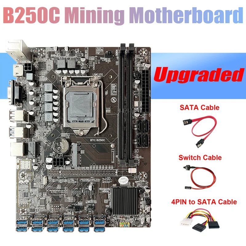 

B250C BTC Miner Motherboard+4PIN To SATA Cable+Switch Cable+SATA Cable 12 PCIE To USB3.0 GPU Slot LGA1151 For ETH Mining