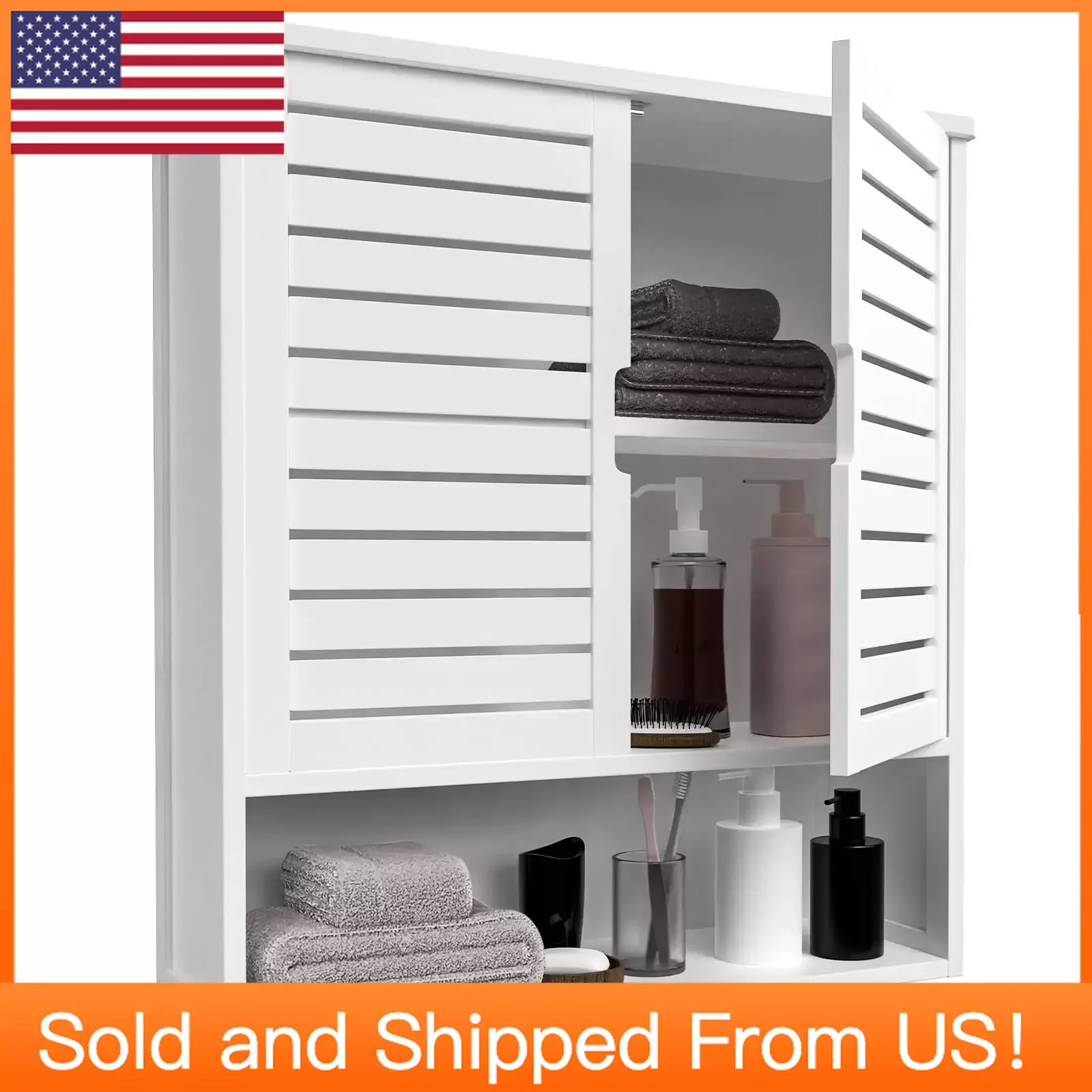 

Bathroom Wall Cabinet, Bamboo Wall Mount Medicine Cabinet Storage Organizer, Double Doors & 3 Tier Adjustable Shelf,White