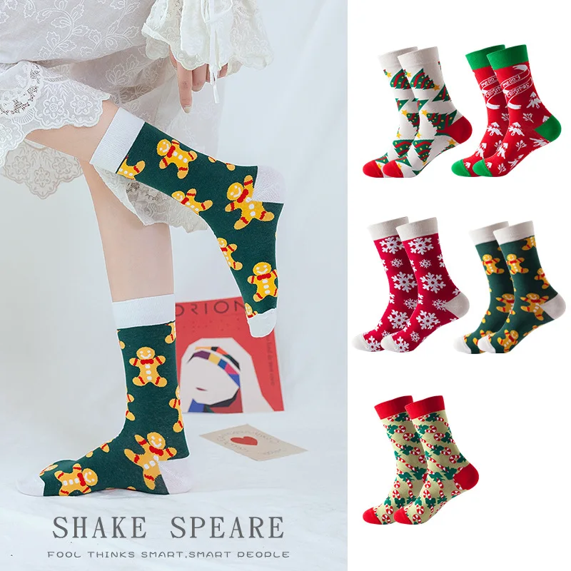 

Christmas Red Mid Tube Unisex Socks Autumn and Winter Ins Trendy Socks Female Christmas Tree Snowflake Printed In Tube Socks