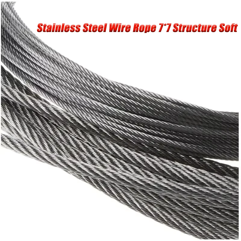 1m-10m Stainless Steel Wire Rope 7*7 Structure Soft Fine Fishing Rope Rod Lift Drying Rack Wire Grapevine