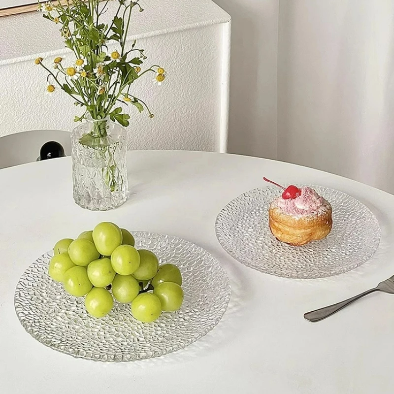 Creative Round Shaped Glass Plates Transparent Engraved Salad Fruit Plate High-looking Dessert Plate Kitchen Accessories