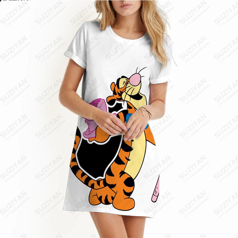 

New Spring/Summer Women's Disneyland Tigger 3D Printed Beach Skirt Round Neck Pullover ShortSleeve Casual Commuting A-line Dress