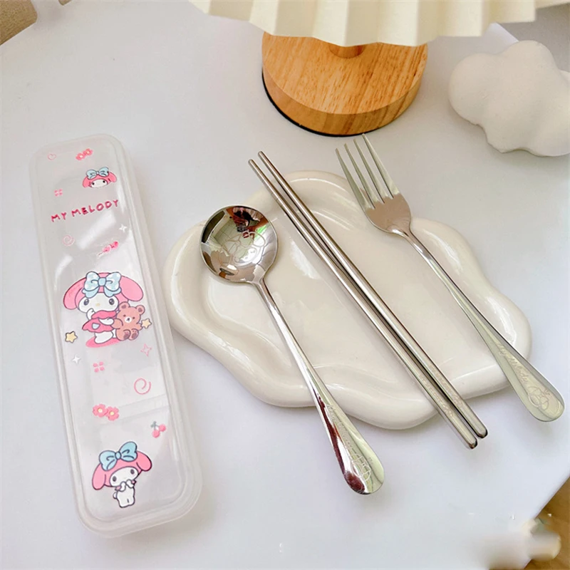 시나모롤 산리오 귀여운 애니메이션 식기 3 종 세트, 마이 멜로디, 귀여운 스푼 포크 젓가락, 휴대용 식기 장난감, 어린이용