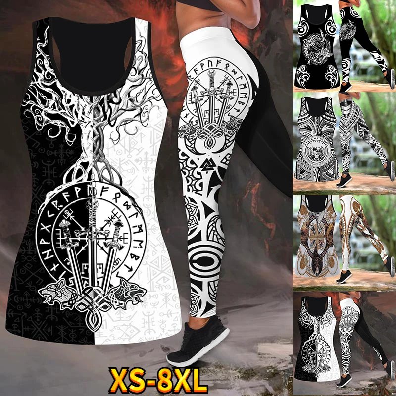 Guerriero Vichingo Stampa Combo Legging + Hollow Tanktop Tuta Yoga Sport Canotte Leggings Yoga Mantenere Abito Sottile Xs-8Xl
