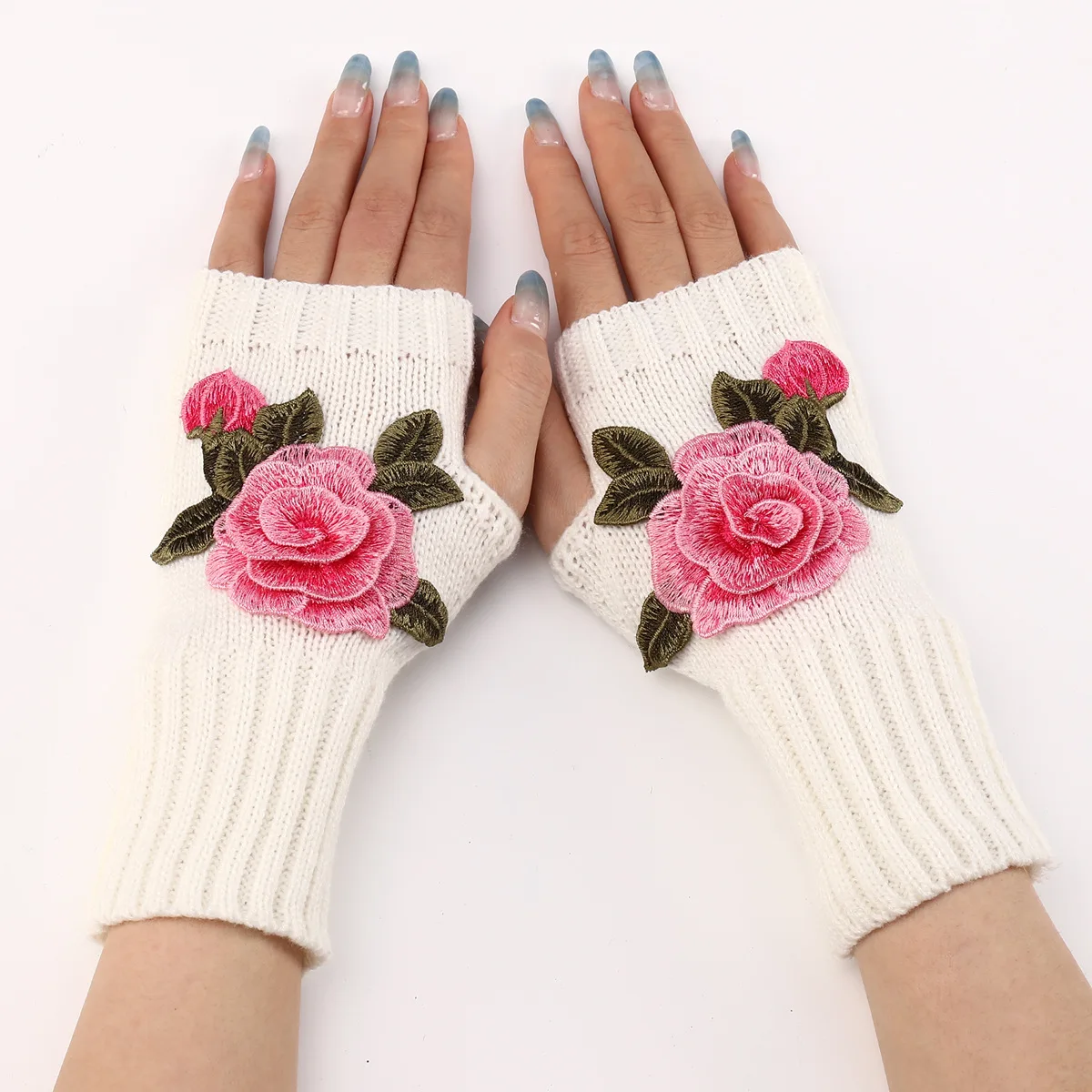 2023 New Autumn Winter Women's Short Fashion Embroidered Flower Gloves Knitted Wool Sleeves Warm Mittens Fingerless Gloves Women