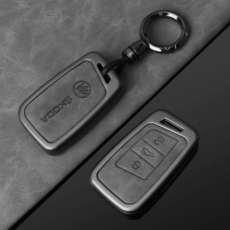 Leather Zinc Alloy Car Smart Remote Key Case key case key case cover car key shell remote control case cover Full Cover Protector Shell Fob For Skoda Kodiaq Superb A7 Auto Keychain Accessories