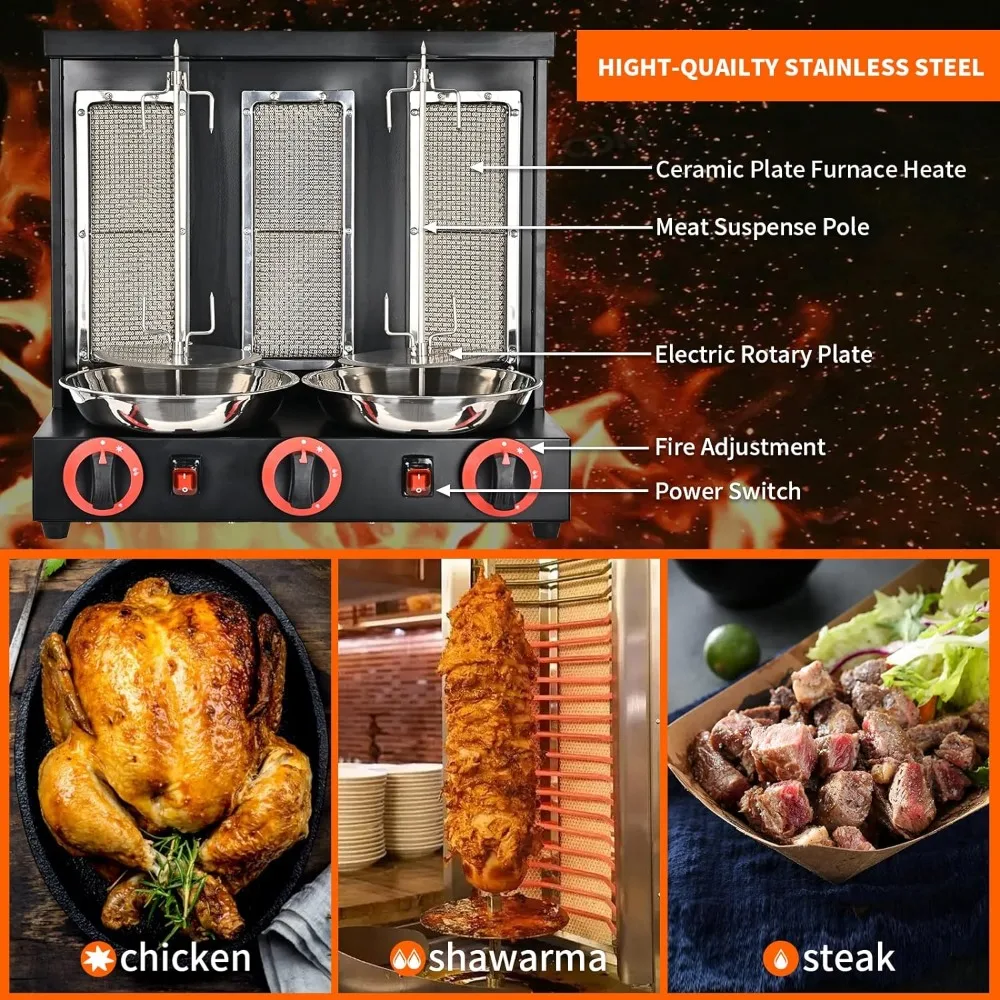 Shawarma Machine Commercial, Automatic Shawarma Machine Propane Vertical Broiler with 3 Burners,Free Meat Catch Pan 3