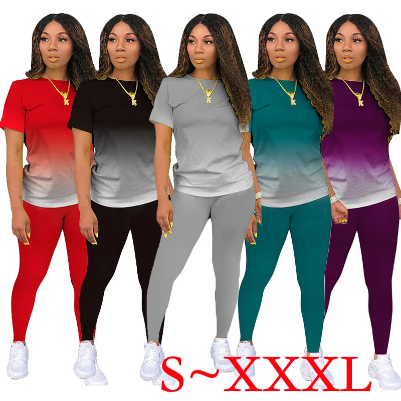 Fashion women's short set sports two-piece set short sleeved T-shirt and tight pants summer fashion gradient sportswear set
