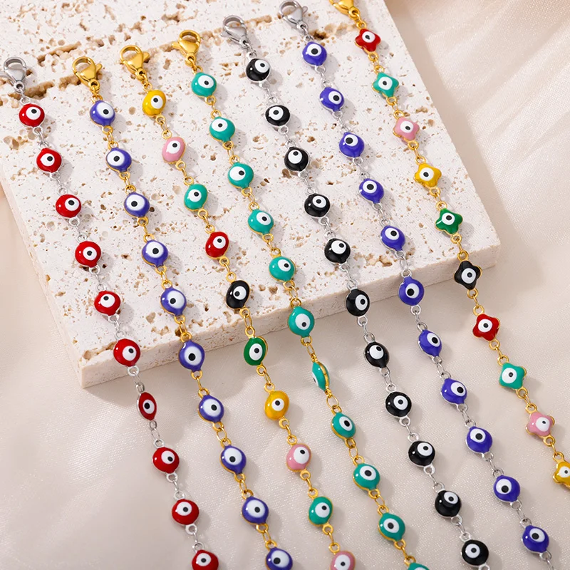 Stainless Steel Evil Eye Bracelet For Women Enamel Round Chain Blue Evil Eye Bead Bracelet Summer Beach Foot Jewelry Gift bracelet jewelry