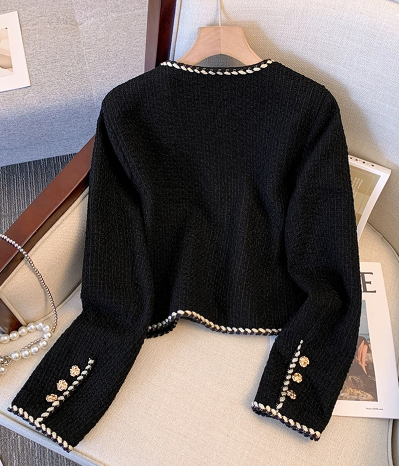 Cropped Black Tweed Jacket Women Vintage Suit Quilted Coat Winter Short Blazer Ladies Korean Elegant Thick Outerwear Tops