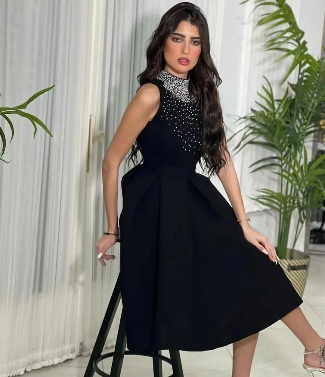 Black Ruched Satin Homecoming Dresses High Collar Beaded Sleeveless Graduation Party Gowns A Line Short Prom Dress