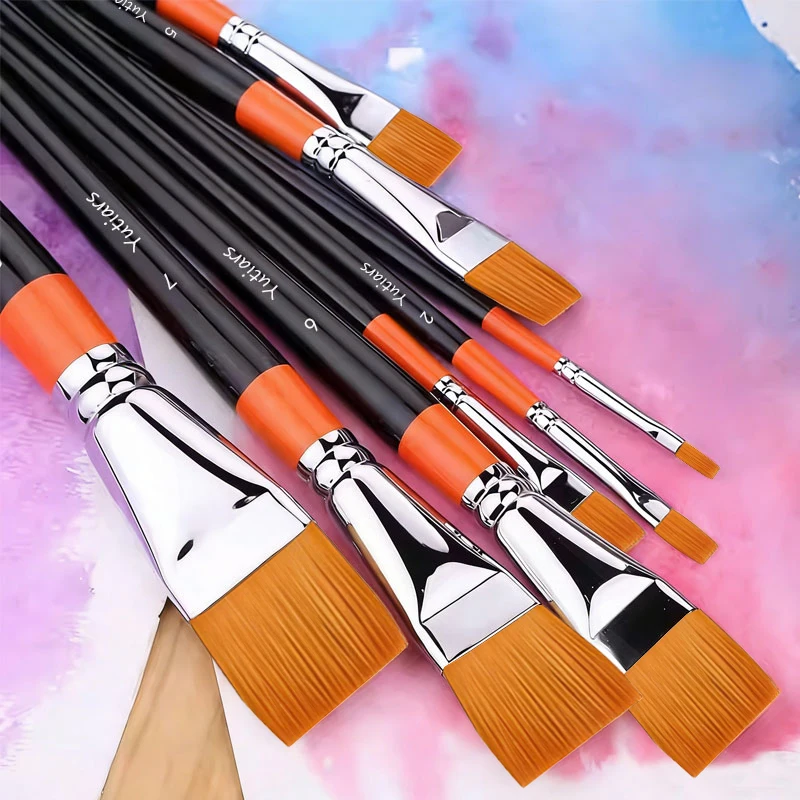 8Pcs 플랫 나일론 헤어 페인트 브러쉬 세트 수채화 아크릴 오일 구아슈 페인팅 애호가 및 초보자를 위한 내구성 있는 미술 도구