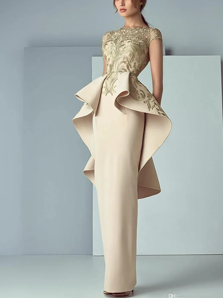 Champagne Sweep Train Ruffles Sheer Bateau Neck Mother of the Bride Dress Occasion Formal Party Wedding Summer 2023