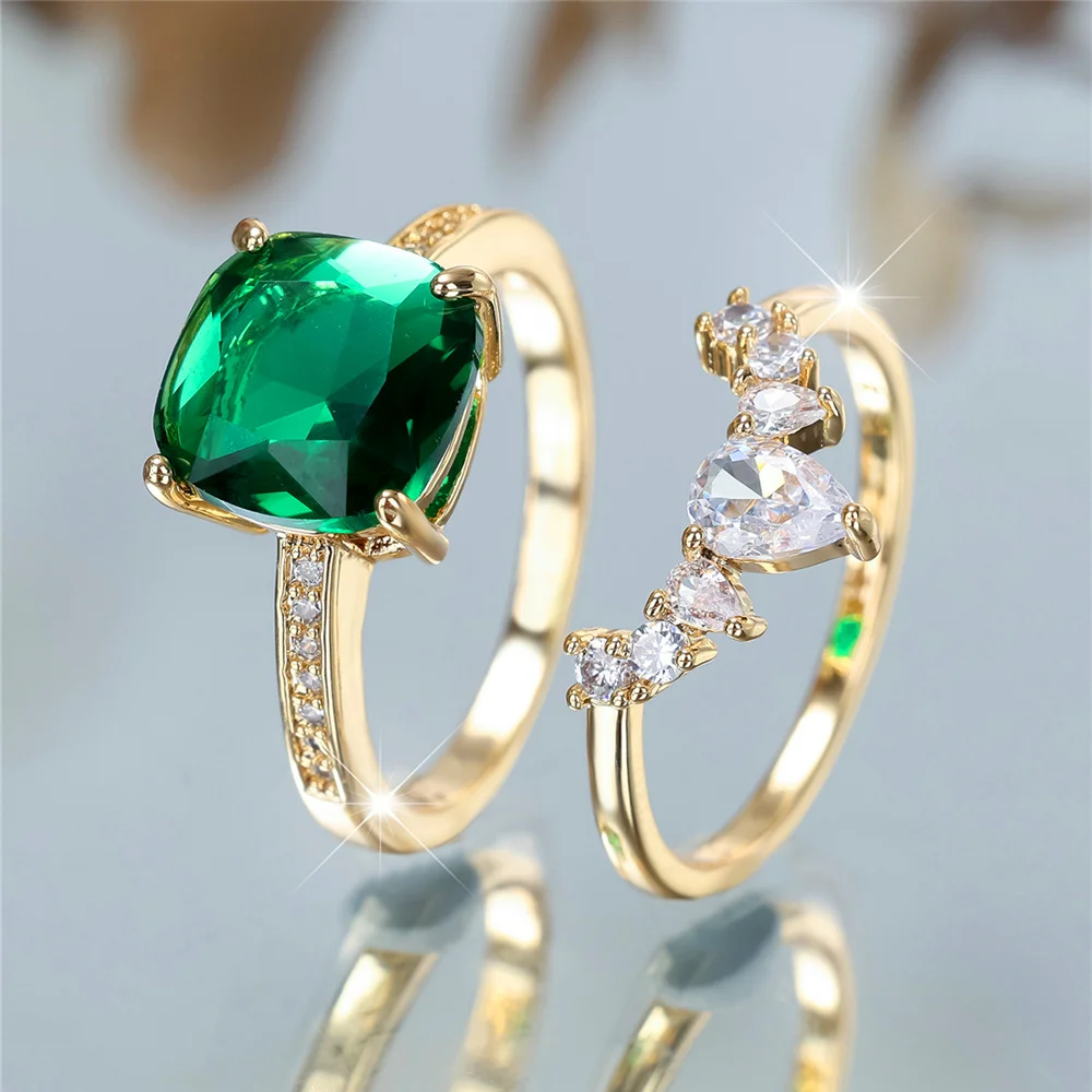 Crystal Female Green White Zircon Square Stone Ring Set Fashion Luxury Gold Color Bridal Wedding Engagement Jewelry For Women