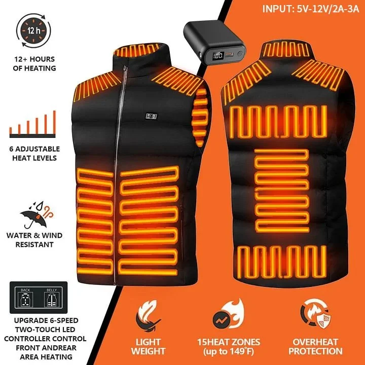 2025 Updated Version Two-touch 15Heat Zones LED Controller Heated Vest For Men & Women With Battery Pack heated jacket