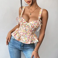 Corset à lacets rose imprimé floral avec bretelles en coton à volants et taille plissée pour femme Printemps-Été 2026 5