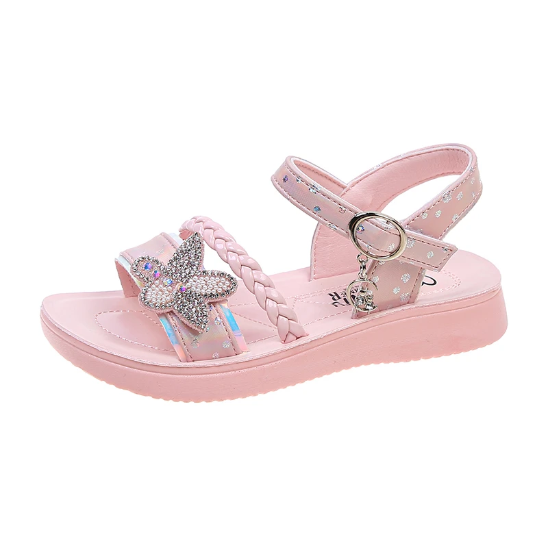 Girls Sandals 2022 Summer New Sweet Princess Kids Fashion Princess Solid Children Soft PU Rhinestones Flower Shine Party Shoes girls leather shoes Children's Shoes