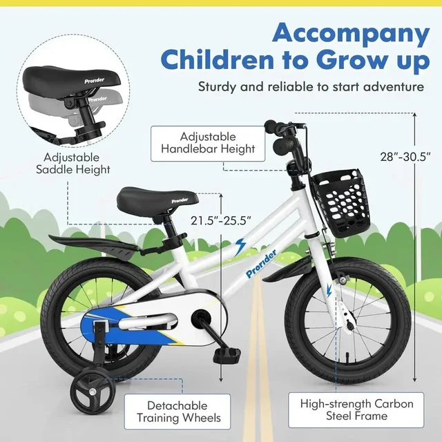 Children's Bikes for Ages 3-8, 12-20 Inch, with Removable Training Wheels, Handbrake, and Rear Brake, Including Basket